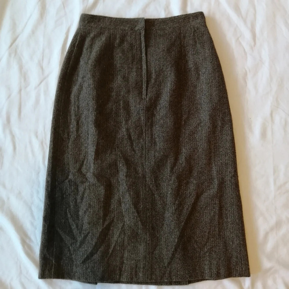 Vintage Wool Herringbone Pleated Brown Midi Skirt with Leather Accents 40 Small - Picture 4 of 14